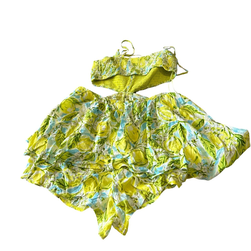 Lemon Print Romper Women Small Yellow Green Floral Smocked Ruffle Excellent